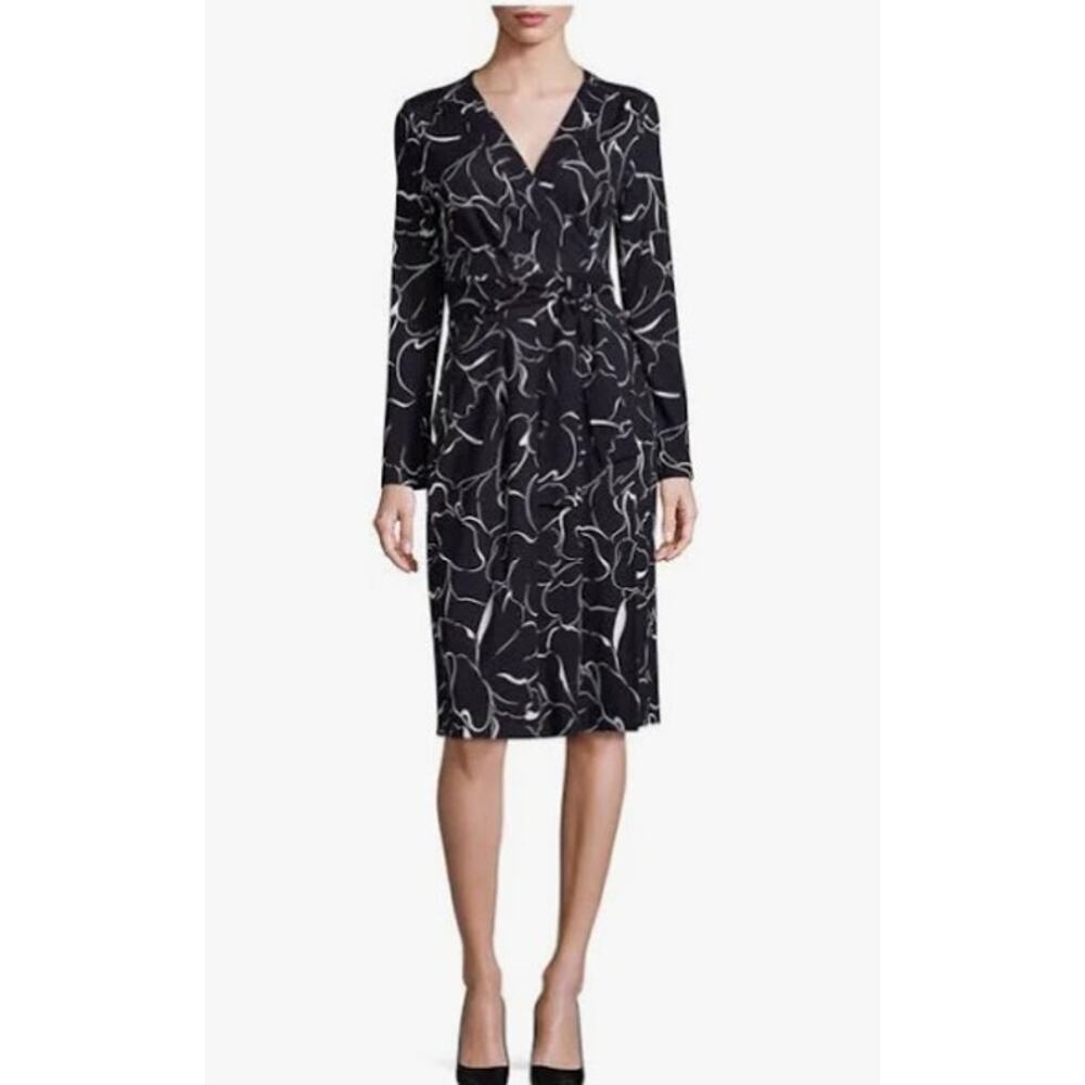 NWT Escada Dvinara Fantasy Printed Wrap Dress Navy Blue White Silk Blend 34 US 4